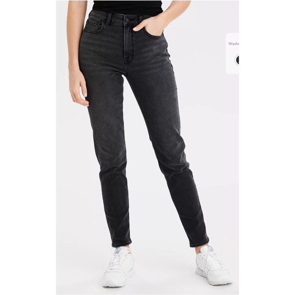 American Eagle Stretch Mom Jeans 6 Washed Black High Rise Denim 90s Y2K Grunge